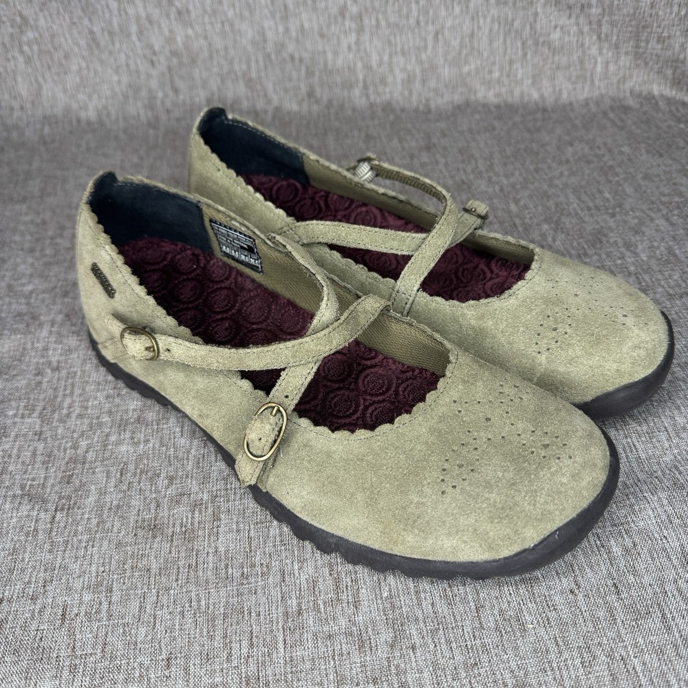 SKECHERS Suede Mary Jane Cross Strap Flats Olive - Size 8.5 Whimsy Cottagecore